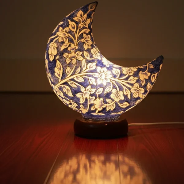 Blue Floral Design Moon Lamp | Camel Skin Lamps. Size = 9 Inch