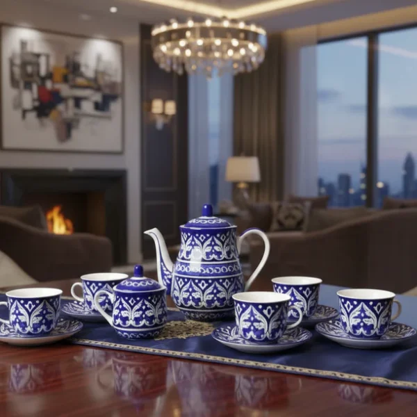 15 Pieces Ghori Design Tea Set | Blue Pottery Tea Set | Handcrafted