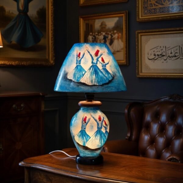 Blue Whirling Sufi Theme Floral Lamp | Camel Skin Lamps Size = 21 inch