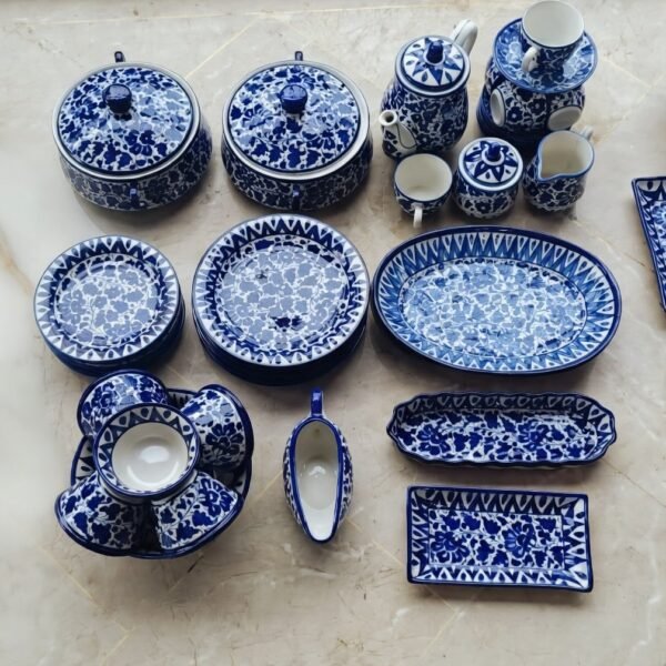 40 Pieces 6 Person Serving Dinner Set | Blue Pottery | Handcrafted